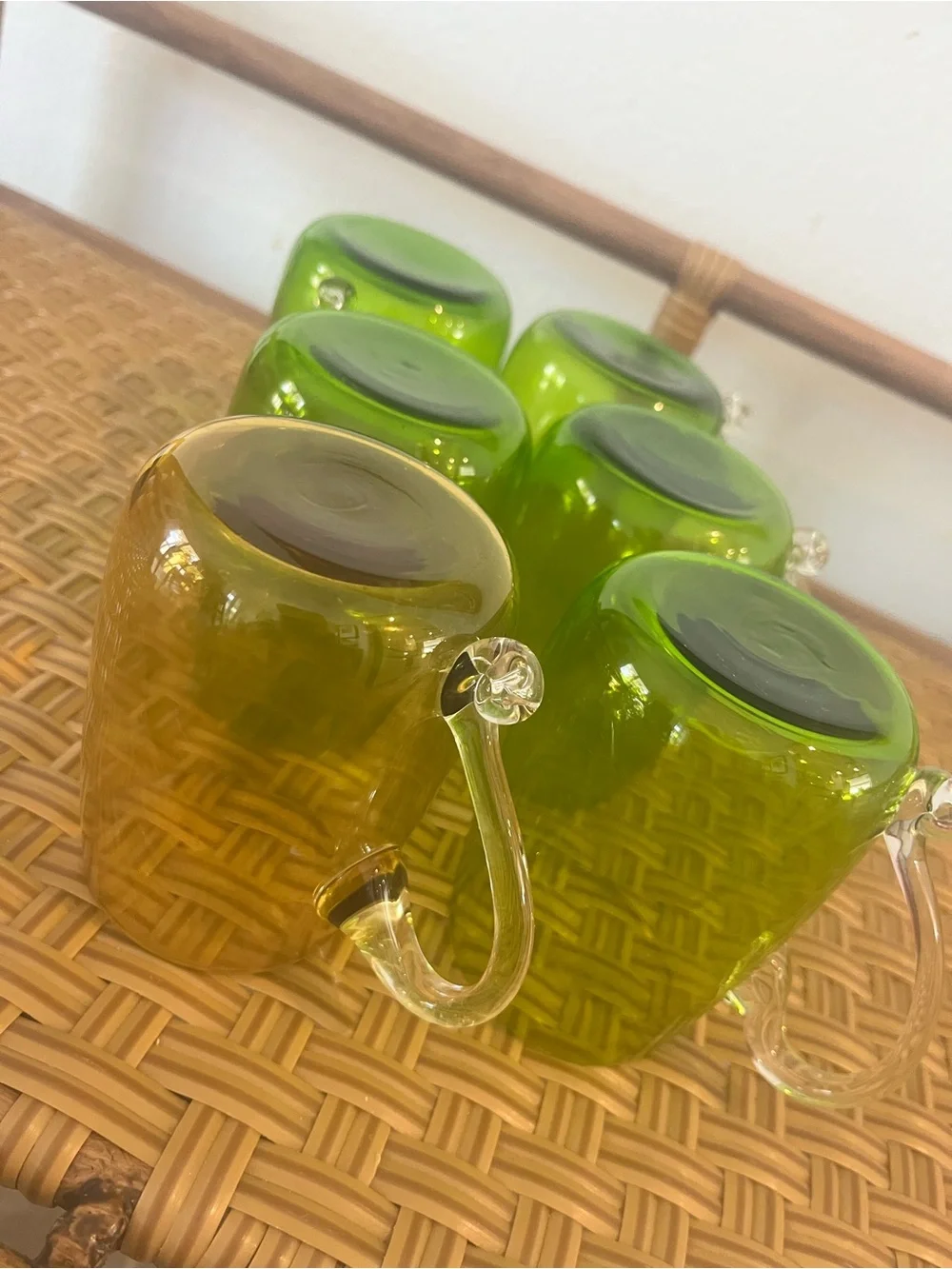 Vintage Mid-Century Modern Hand Blown Glass Supplied Handle Mugs Set Of Six